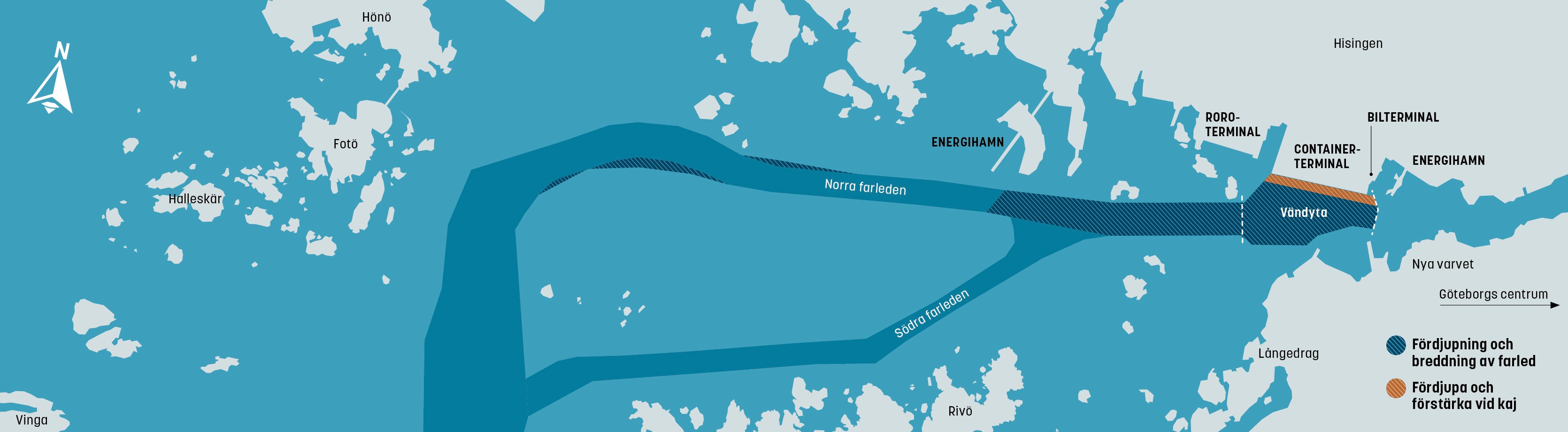 Karta över planerade farledsfördjupningen i Göteborgs Hamn.