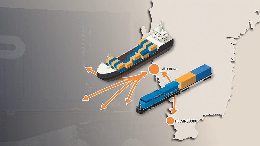 Illustration som visar en karta med järnvägslinjen mellan Helsingborg och Göteborgs Hamn.