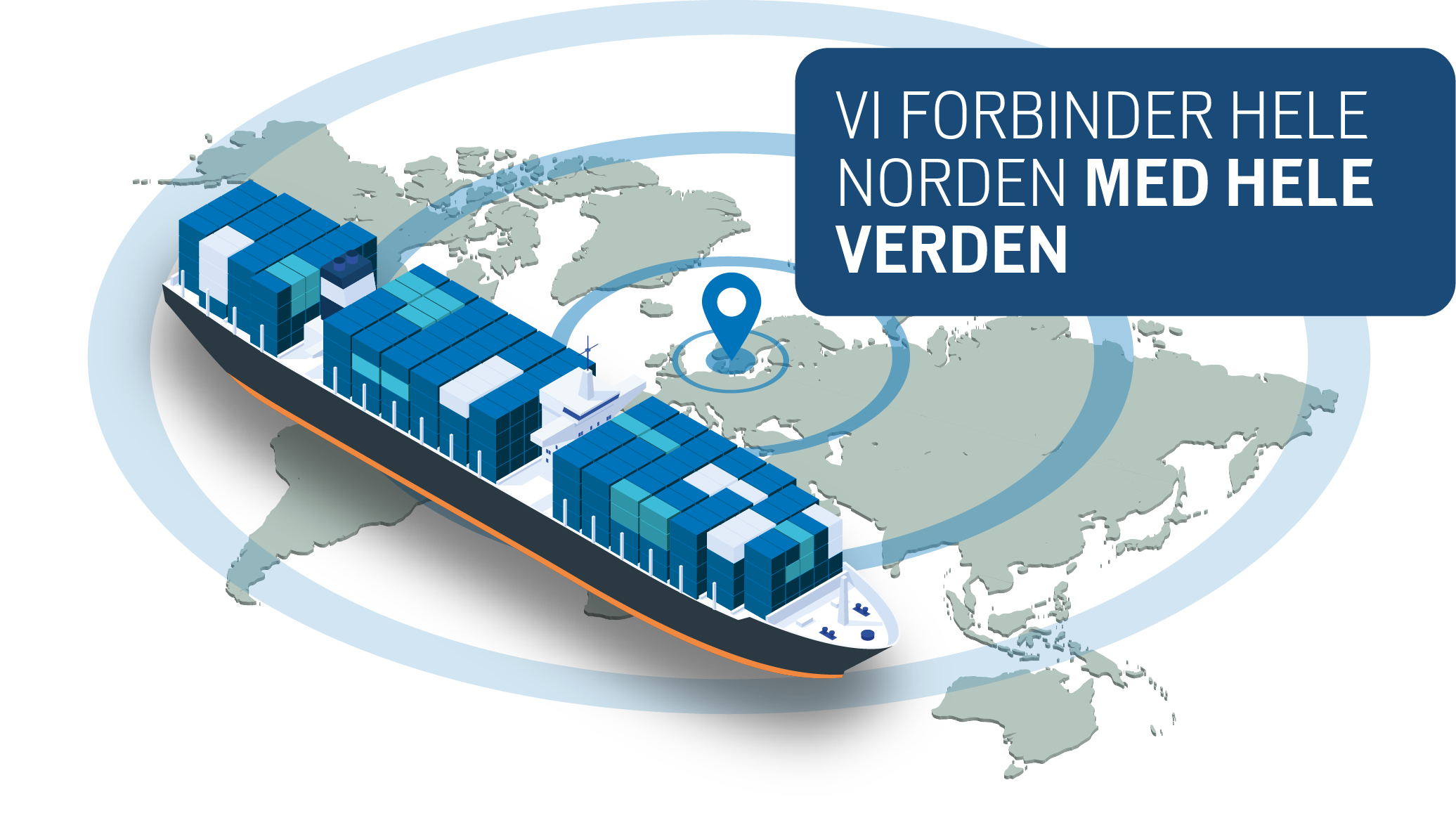 En illustration med et stort containerskib på tværs af et verdenskort, hvor ringe viser, at Göteborgs Havns rutenet dækker hele verden.