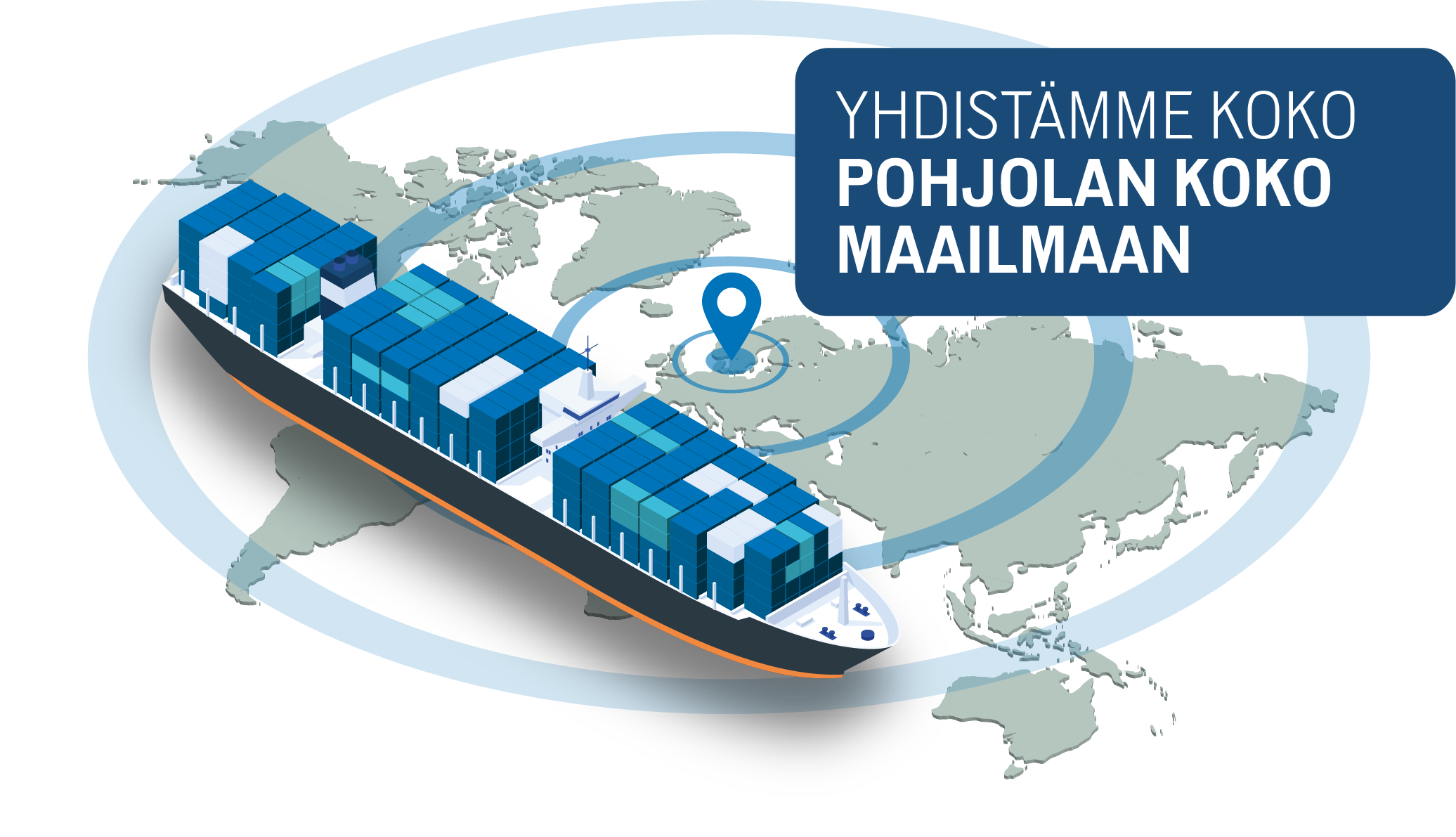 Kuvitus, jossa suuri konttialus kulkee maailmankartan poikki ja renkaat osoittavat, että Göteborgin sataman reittiverkosto kattaa koko maailman.