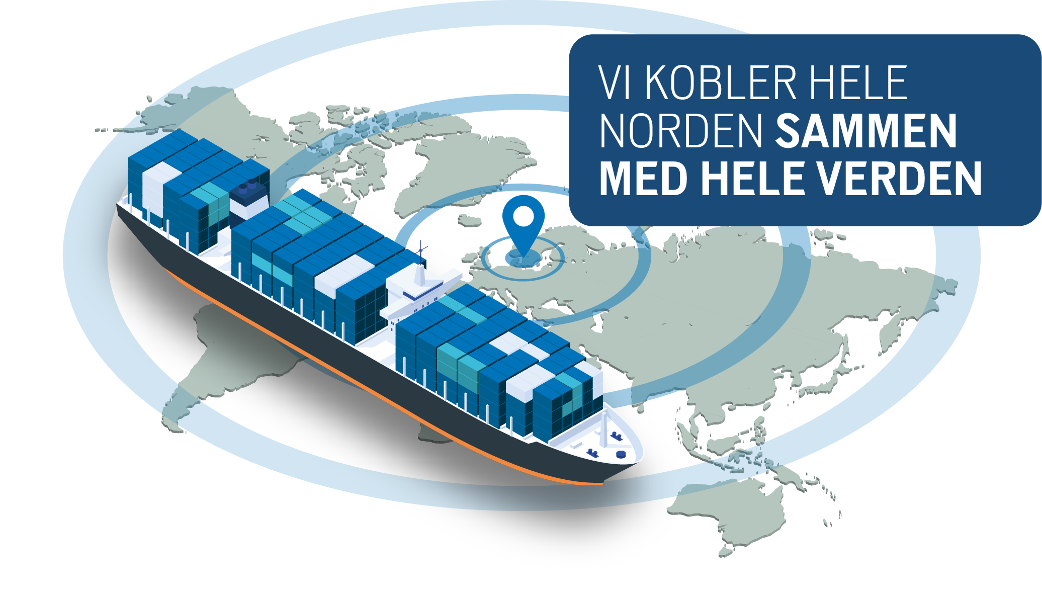 En illustrasjon med et stort containerskip på tvers av et verdenskart, der ringer viser at Göteborgs havns rutenett dekker hele verden.